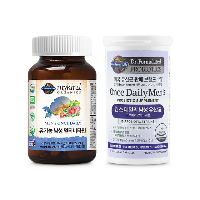 [남성 장 건강 PLUS]남성 멀티비타민+유산균 세트(마이카인드 남성 멀티 비타민+가든오브라이프 남성 유산균)